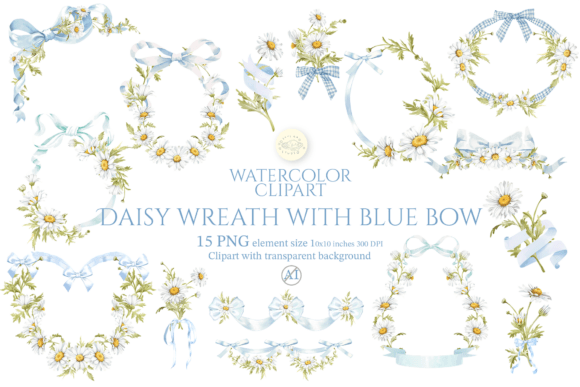 Download Daisy Wreath with Blue Bow Clipart Set - Daisy wreath Collection