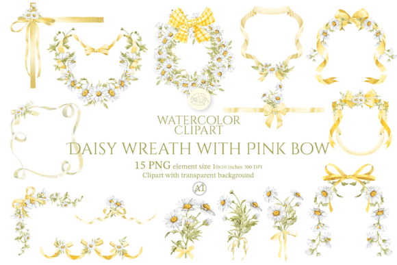 Download Watercolor Daisy Wreath with Yellow Bow - Daisy wreath Collection
