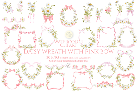 Download Daisy Wreath with Pink Bow Clipart Set - Daisy wreath Collection