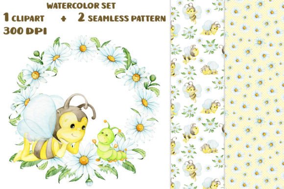 Download Bee Daisy Wreath Watercolor Clipart Seam - Daisy wreath Collection