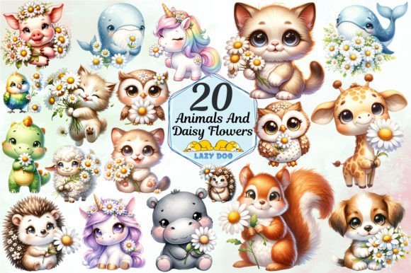 Download Cute Animals &amp; Daisy Flowers Design Set - Design Collection