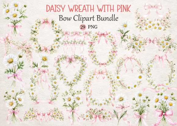Download Daisy Wreath with Pink Bow Clipart - Daisy wreath Collection