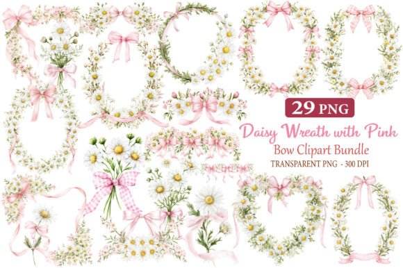 Download Daisy Wreath with Pink Bow Clipart - Daisy wreath Collection